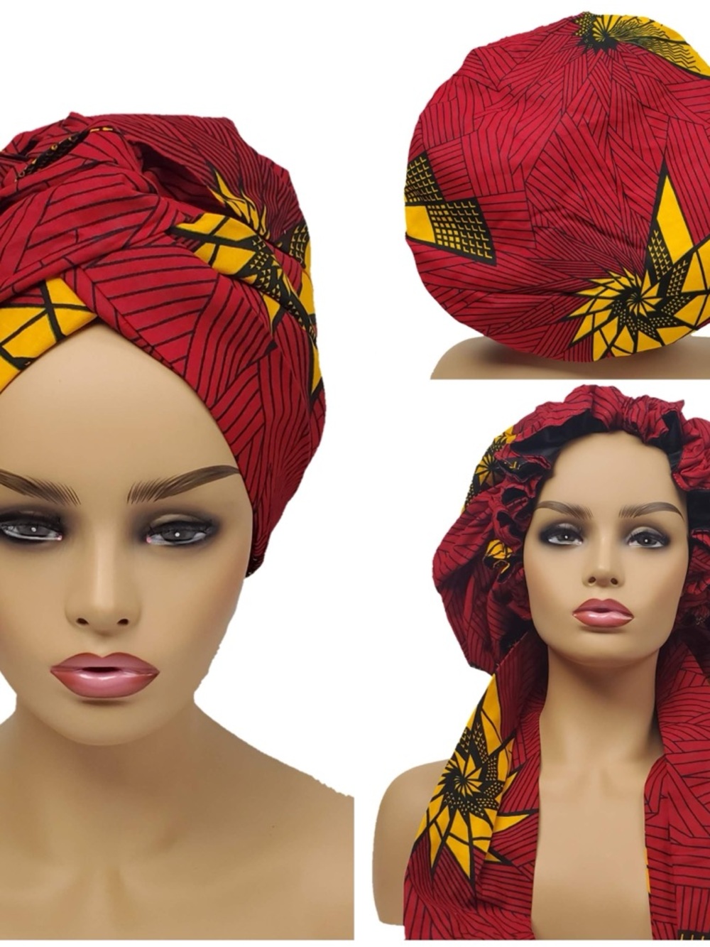 African Print Red & Yellow Satin-Lined Head Wrap Turban